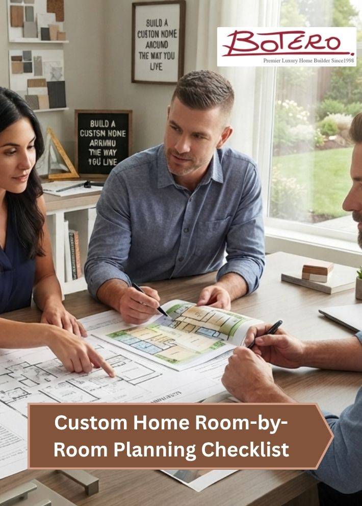 Room-by-room custom home planning checklist covering kitchen, bedrooms, bathrooms, home office, and outdoor spaces