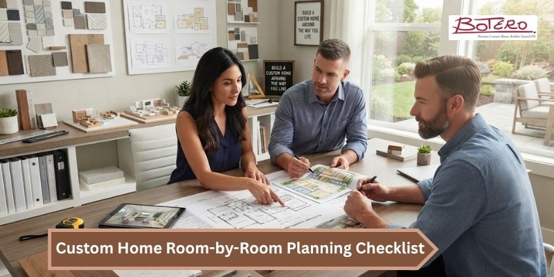 Room-by-room custom home planning checklist covering kitchen, bedrooms, bathrooms, home office, and outdoor spaces