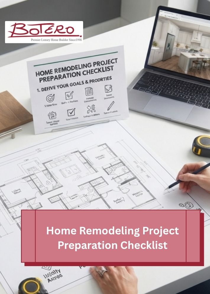 Home remodeling project preparation checklist covering budgeting, contractor selection, permits, material choices, and construction planning
